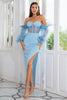 Carica l&#39;immagine nel visualizzatore di Gallery, Guaina fuori dalla spalla Sky Blue Prom Dress maniche lunghe