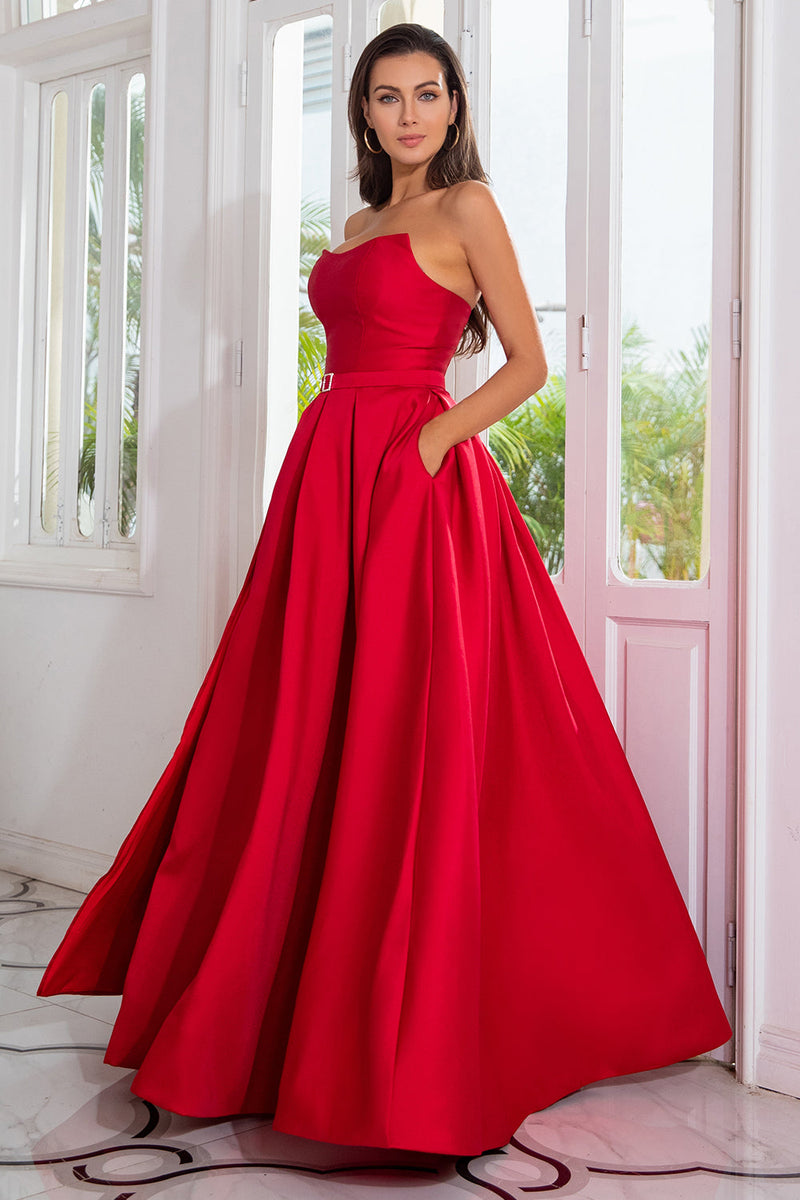 Carica l&#39;immagine nel visualizzatore di Gallery, Una linea senza spalline Red Long Prom Dress con split front
