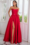 Una linea senza spalline Red Long Prom Dress con split front