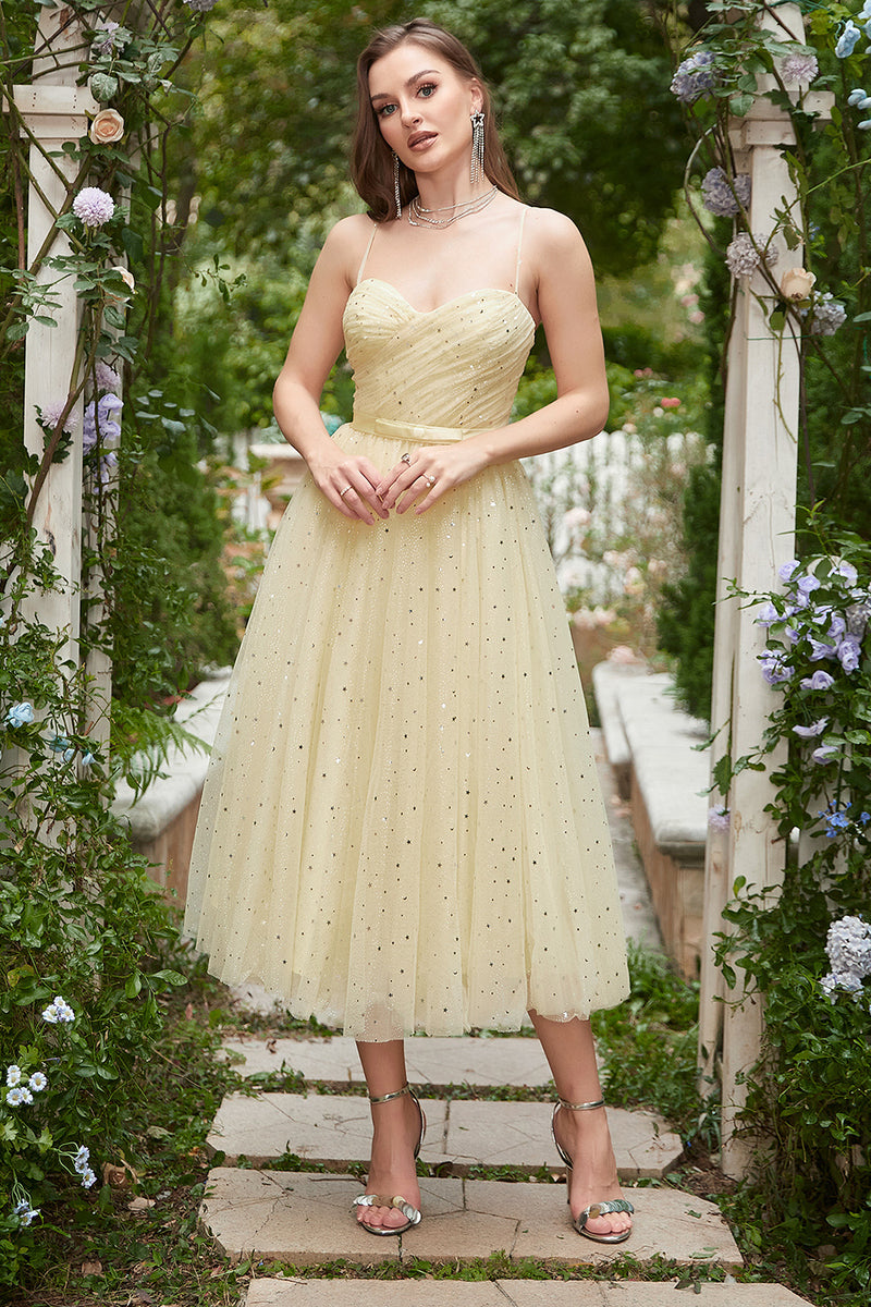 Carica l&#39;immagine nel visualizzatore di Gallery, Spaghetti gialli Tea Length Prom Dress