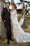 Avorio e champagne pizzo Boho abito da sposa con mantella