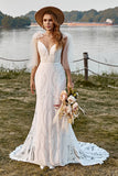 Avorio Mermaid Lace Sweep Treno Boho abito da sposa con fiocchi