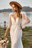 Avorio Mermaid Lace Sweep Treno Boho abito da sposa con fiocchi