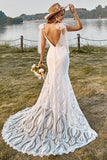 Avorio Mermaid Lace Sweep Treno Boho abito da sposa con fiocchi