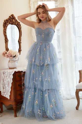 A Line Halter Grey Blue Plus Size Prom Dress con ricamo