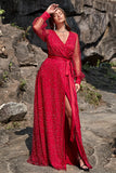 A Line V Neck Dark Red Plus Size Prom Dress con spacco frontale