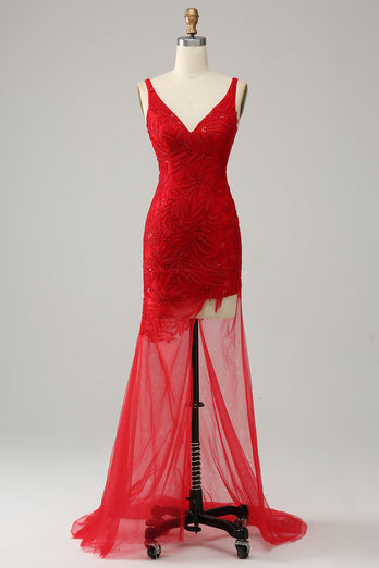 Mermaid V Neck Red Long Prom Dress con ricamo