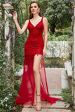 Mermaid V Neck Red Long Prom Dress con ricamo