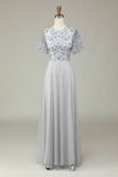 Classic Elegance A-Line Jewel Neck Grey Long Bridesmaid Dress with Short Sleeves