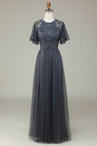 Classic Elegance A-Line Jewel Neck Grey Long Bridesmaid Dress with Short Sleeves
