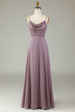 Certificabilmente chic Una linea Spaghetti Straps Dusty Pink Long Bridesmaid Dress con perline