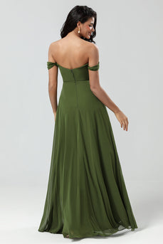 Off The Shoulder A Line Abito da damigella d'oliva con spacco