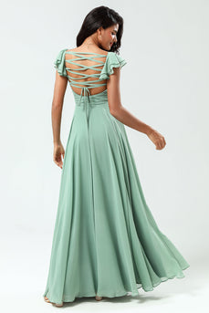 Lace-Up Back A Line Chiffon Green Bridesmaid Dress con volant