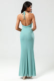 Mermaid Halter Green Long Bridesmaid Dress con scollo a V