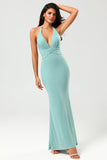 Mermaid Halter Green Long Bridesmaid Dress con scollo a V