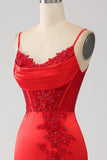 Satin Sirena in rilievo rosso Prom Dress con fessura