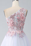A-Line One Shoulder Pink Prom Dress con applicazioni