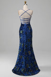 Royal Blue Mermaid Spaghetti Straps Paillettes Prom Dress con fessura