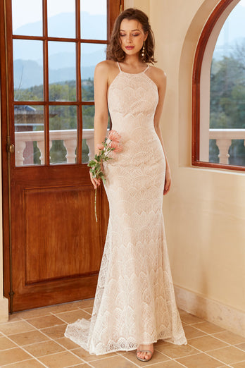 Sirena Halter Abito da sposa in pizzo bianco con Sweep Train