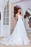 Splendido abito da sposa lungo avorio con scollo a V con fiori 3D