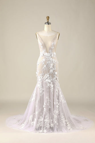 Avorio Mermaid Illusion Boat Neck Lace Wedding Dress