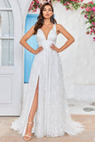 Bellezza Una linea V-Neck avorio pizzo lungo abito da sposa con spacco