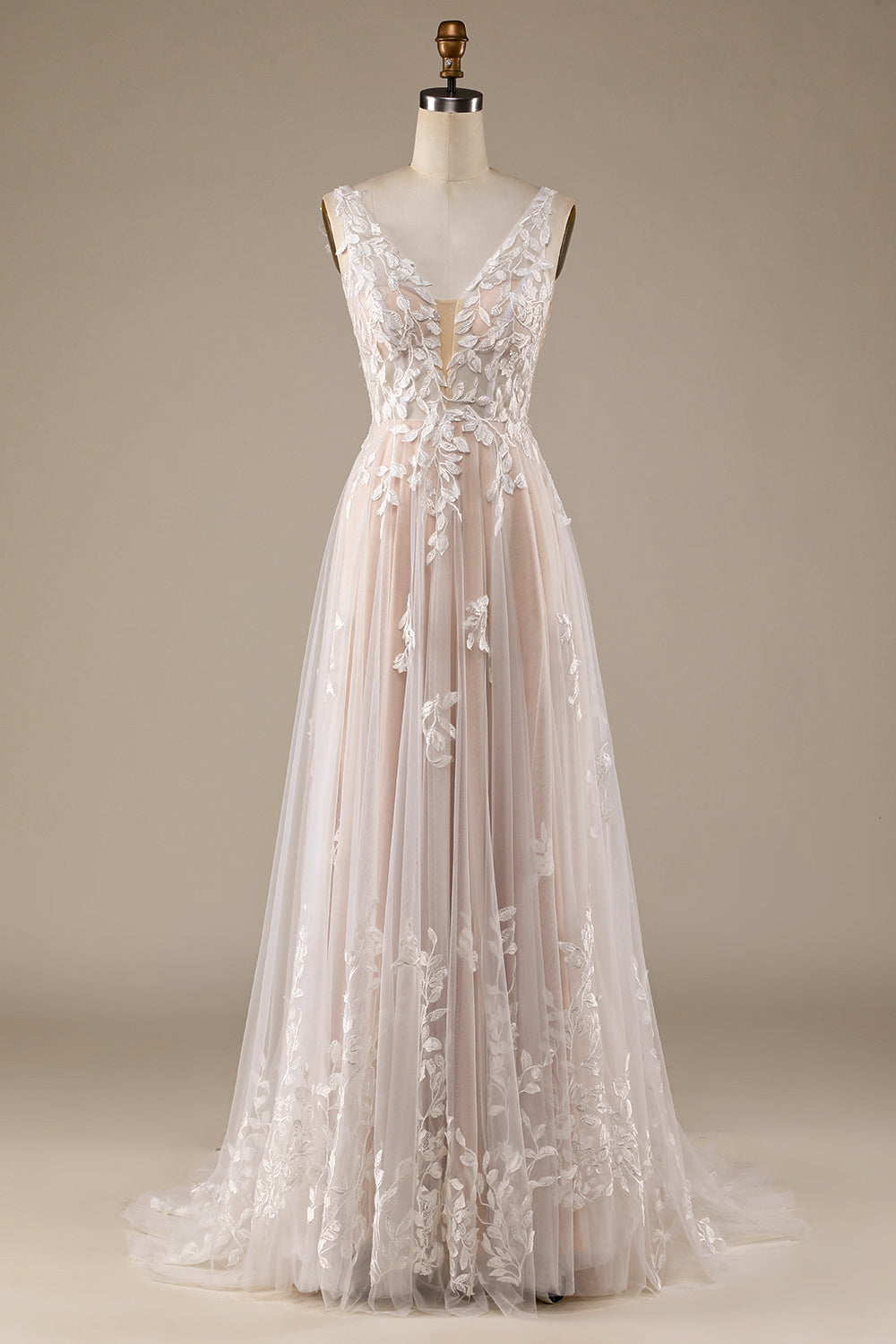 Champagne Scollo a V Senza Schienale Tulle Abito Da Sposa Con Pizzo