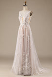 Champagne Scollo a V Senza Schienale Tulle Abito Da Sposa Con Pizzo