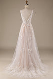 Champagne Scollo a V Senza Schienale Tulle Abito Da Sposa Con Pizzo