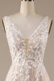 Champagne Scollo a V Senza Schienale Tulle Abito Da Sposa Con Pizzo