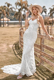 Affascinante sirena Spaghetti Cinghie Pizzo Avorio Abito da sposa con Sweep Train