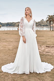 Abito da sposa Boho a trapezio in chiffon avorio con scollo a V e pizzo