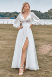 A-Line Tulle perline avorio abito da sposa con maniche lunghe