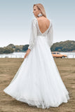 A-Line Tulle perline avorio abito da sposa con maniche lunghe