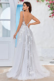 Tulle Backless Ivory Long A Line Abito da sposa con ricamo