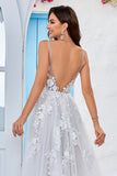 Tulle Backless Ivory Long A Line Abito da sposa con ricamo