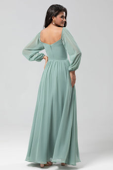 Fuori dalla spalla maniche lunghe verde Bridemaid Dress con spacco