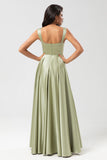 Satin A Line Green Bridesmaid Dress con tasche