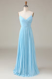 Sky Blue Spaghetti Straps Scollo a V A-line Plissettato Chiffon Abito da damigella d'onore