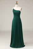 Nero A-line Chiffon One Shoulder Piano Lunghezza Abito da damigella d'onore