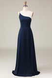 Nero A-line Chiffon One Shoulder Piano Lunghezza Abito da damigella d'onore