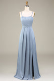 Dusty Blue A-Line Spaghetti Straps Satin Abito lungo da damigella d'onore