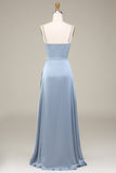 Dusty Blue A-Line Spaghetti Straps Satin Abito lungo da damigella d'onore