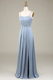 Dusty Blue A-Line Spaghetti Straps Satin Abito lungo da damigella d'onore