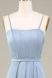 Dusty Blue A-Line Spaghetti Straps Satin Abito lungo da damigella d'onore