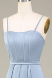 Dusty Blue A-Line Spaghetti Straps Satin Abito lungo da damigella d'onore