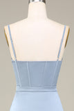 Dusty Blue A-Line Spaghetti Straps Satin Abito lungo da damigella d'onore