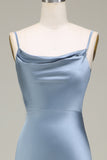 Dusty Blue Guaina Spaghetti Straps Satin Abito lungo da damigella d'onore