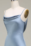 Dusty Blue Guaina Spaghetti Straps Satin Abito lungo da damigella d'onore