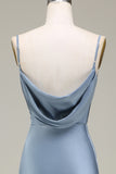 Dusty Blue Guaina Spaghetti Straps Satin Abito lungo da damigella d'onore